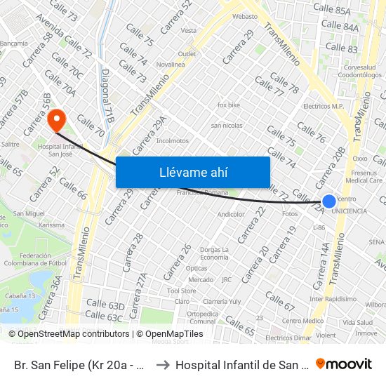 Br. San Felipe (Kr 20a - Cl 74) to Hospital Infantil de San José map