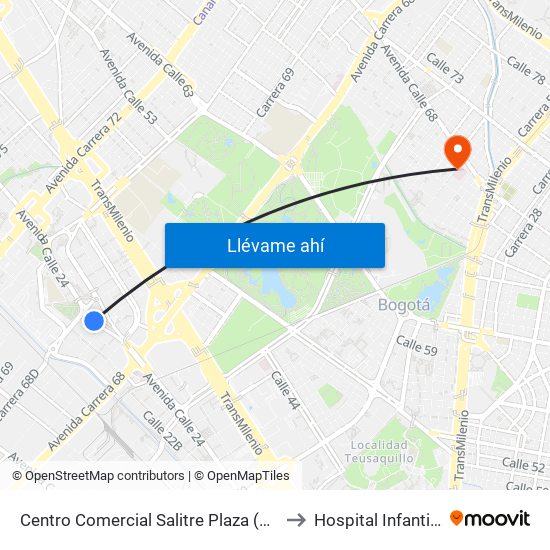 Centro Comercial Salitre Plaza (Av. La Esperanza - Kr 68b) to Hospital Infantil de San José map