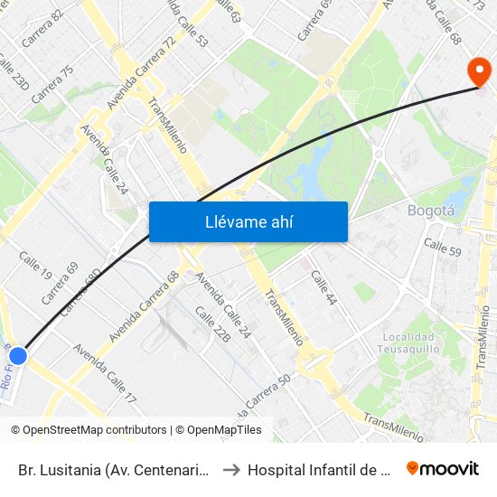 Br. Lusitania (Av. Centenario - Ak 68d) to Hospital Infantil de San José map