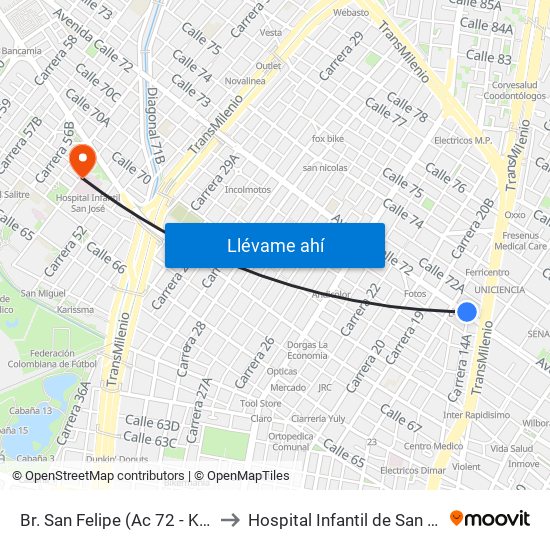Br. San Felipe (Ac 72 - Kr 17) to Hospital Infantil de San José map