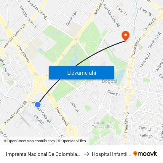 Imprenta Nacional De Colombia (Av. Esperanza - Kr 66) to Hospital Infantil de San José map