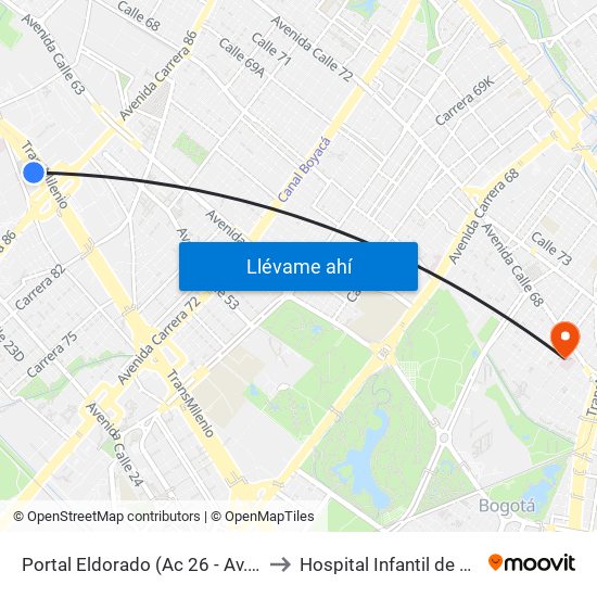 Portal Eldorado (Ac 26 - Av. C. De Cali) to Hospital Infantil de San José map