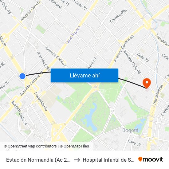 Estación Normandía (Ac 26 - Kr 74) to Hospital Infantil de San José map