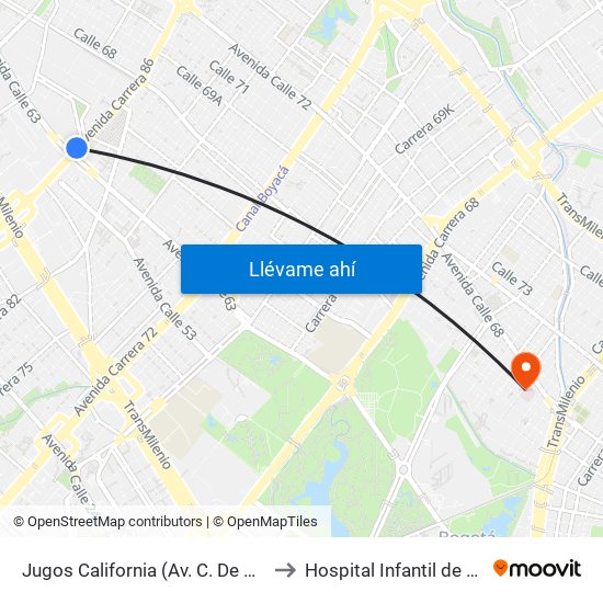 Jugos California (Av. C. De Cali - Ac 63) to Hospital Infantil de San José map