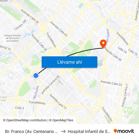 Br. Franco (Av. Centenario - Kr 69b) to Hospital Infantil de San José map