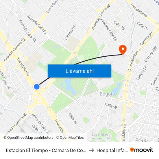 Estación El Tiempo - Cámara De Comercio De Bogotá (Ac 26 - Kr 68b Bis) to Hospital Infantil de San José map
