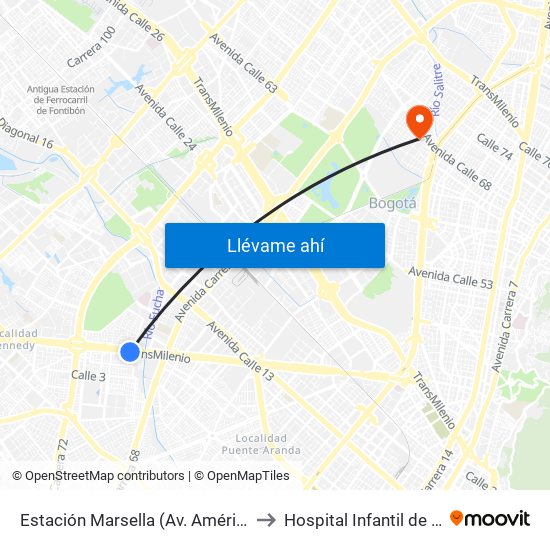 Estación Marsella (Av. Américas - Kr 69b) to Hospital Infantil de San José map