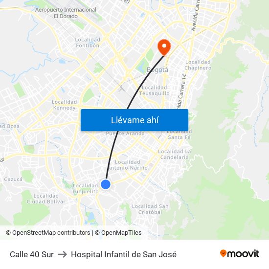 Calle 40 Sur to Hospital Infantil de San José map