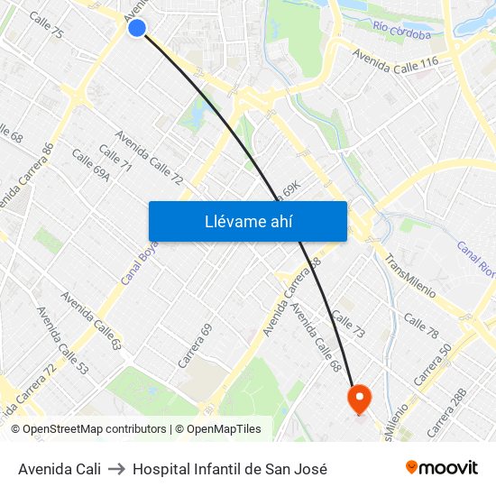 Avenida Cali to Hospital Infantil de San José map