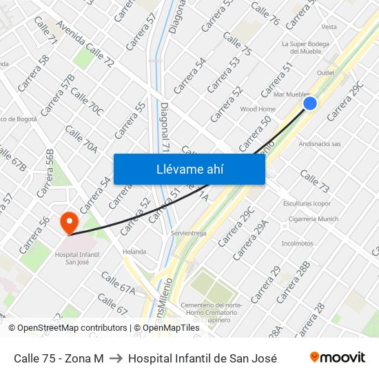 Calle 75 - Zona M to Hospital Infantil de San José map