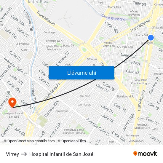 Virrey to Hospital Infantil de San José map