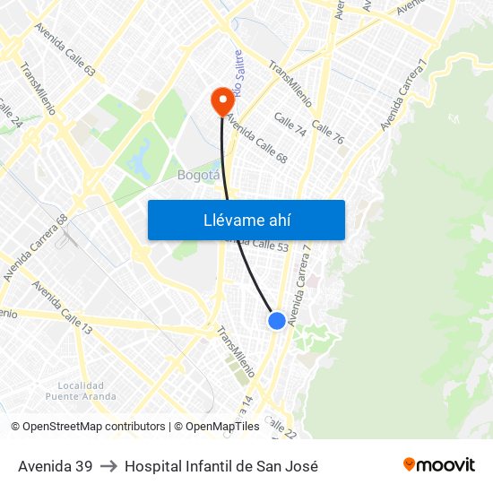 Avenida 39 to Hospital Infantil de San José map