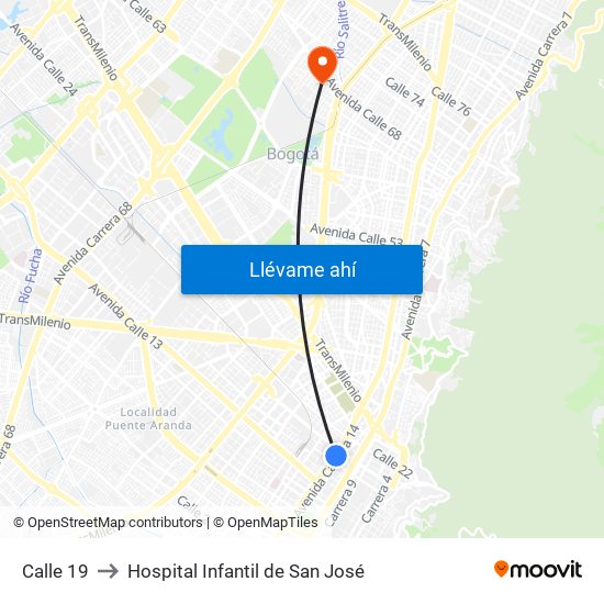 Calle 19 to Hospital Infantil de San José map