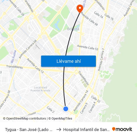 Tygua - San José (Lado Norte) to Hospital Infantil de San José map