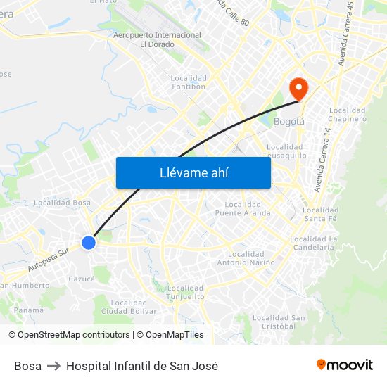 Bosa to Hospital Infantil de San José map