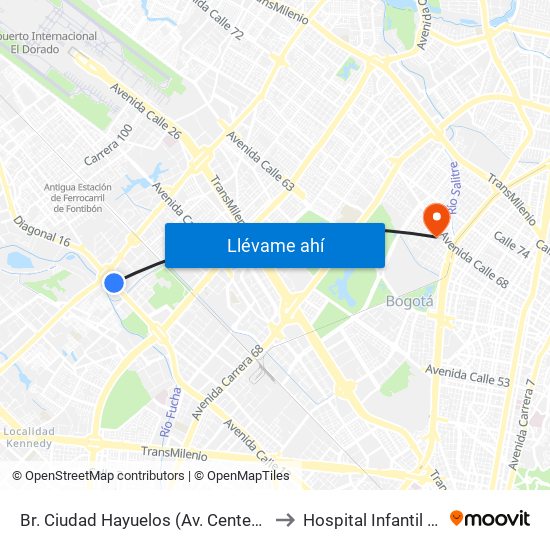 Br. Ciudad Hayuelos (Av. Centenario - Av. C. De Cali) to Hospital Infantil de San José map