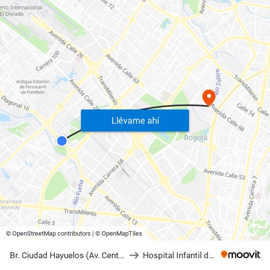 Br. Ciudad Hayuelos (Av. Centenario - Kr 78g) to Hospital Infantil de San José map