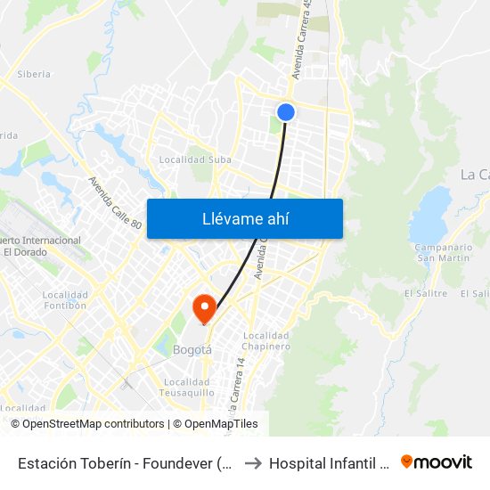 Estación Toberín - Foundever (Auto Norte - Cl 166) to Hospital Infantil de San José map