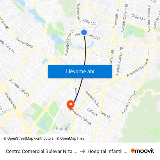 Centro Comercial Bulevar Niza (Ac 127 - Av. Suba) to Hospital Infantil de San José map