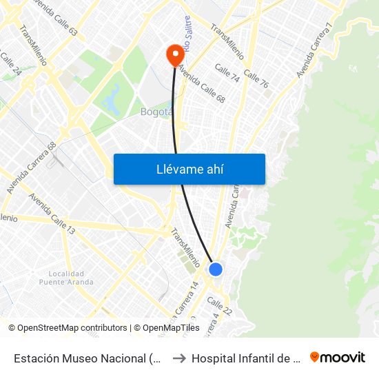 Estación Museo Nacional (Ak 7 - Cl 29) to Hospital Infantil de San José map