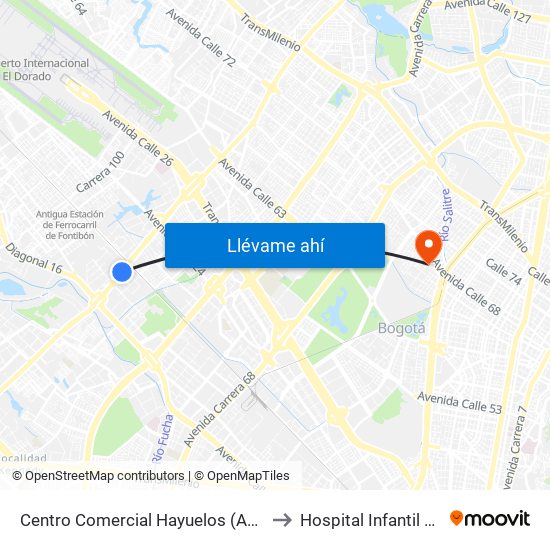 Centro Comercial Hayuelos (Av. C. De Cali - Cl 20) to Hospital Infantil de San José map