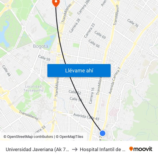Universidad Javeriana (Ak 7 - Cl 40) (B) to Hospital Infantil de San José map