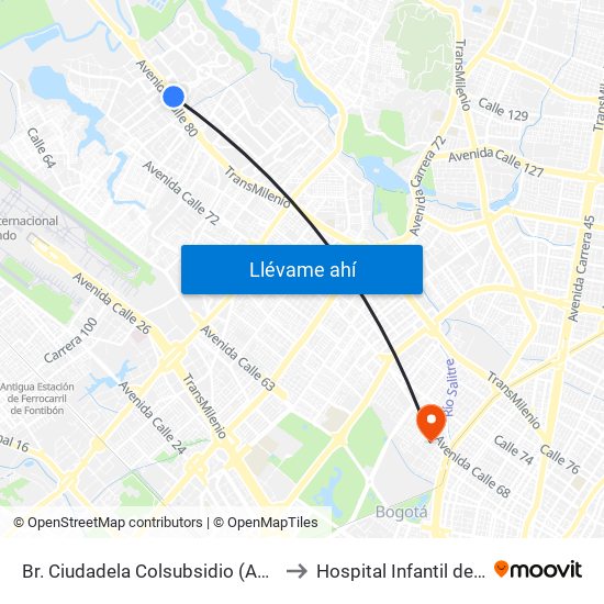 Br. Ciudadela Colsubsidio (Ac 80 - Kr 112a) to Hospital Infantil de San José map