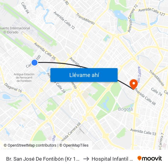 Br. San José De Fontibón (Kr 100 - Av. Esperanza) to Hospital Infantil de San José map