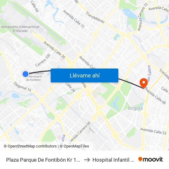 Plaza Parque De Fontibón Kr 100 (Kr 100 - Cl 17a) to Hospital Infantil de San José map