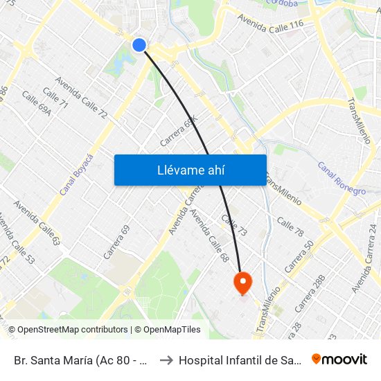 Br. Santa María (Ac 80 - Kr 73b) to Hospital Infantil de San José map