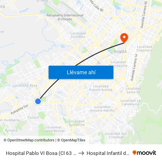 Hospital Pablo VI Bosa (Cl 63 Sur - Kr 77g) (A) to Hospital Infantil de San José map