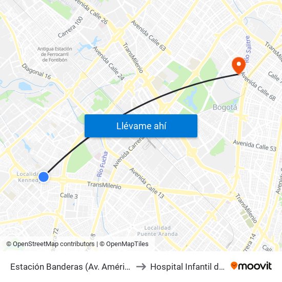 Estación Banderas (Av. Américas - Kr 78a) (A) to Hospital Infantil de San José map