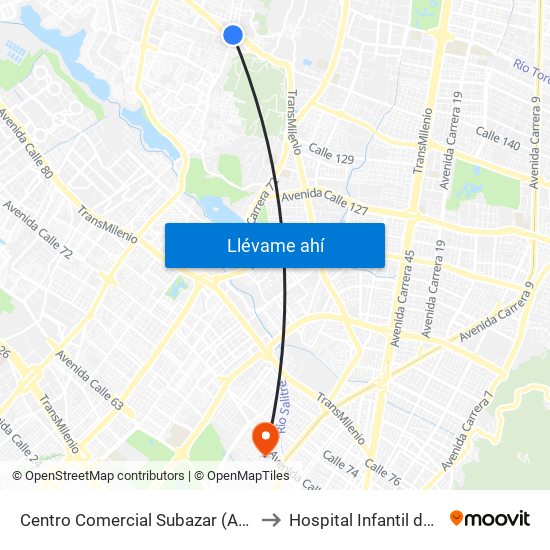 Centro Comercial Subazar (Av. Suba - Kr 91) to Hospital Infantil de San José map