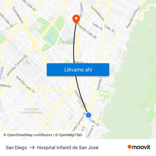 San Diego to Hospital Infantil de San José map