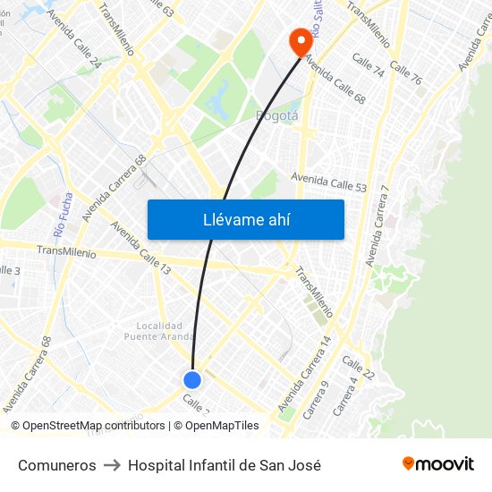 Comuneros to Hospital Infantil de San José map