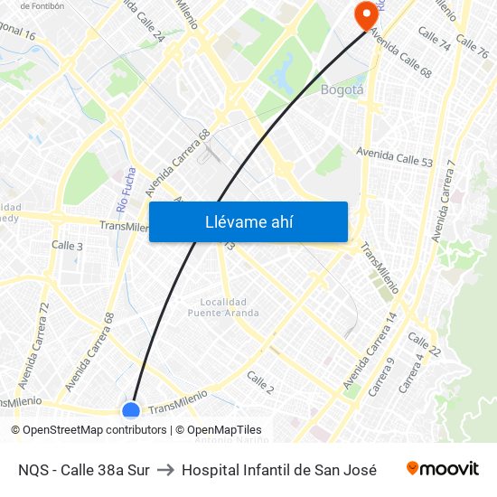 NQS - Calle 38a Sur to Hospital Infantil de San José map