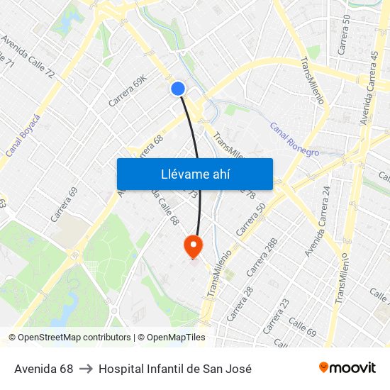 Avenida 68 to Hospital Infantil de San José map