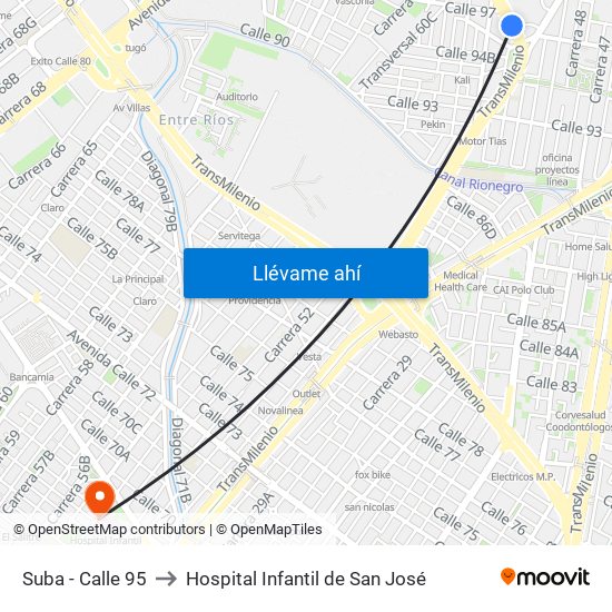 Suba - Calle 95 to Hospital Infantil de San José map