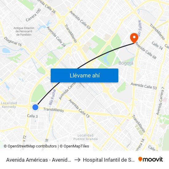 Avenida Américas - Avenida Boyacá to Hospital Infantil de San José map