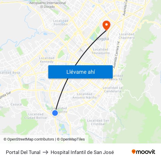 Portal Del Tunal to Hospital Infantil de San José map