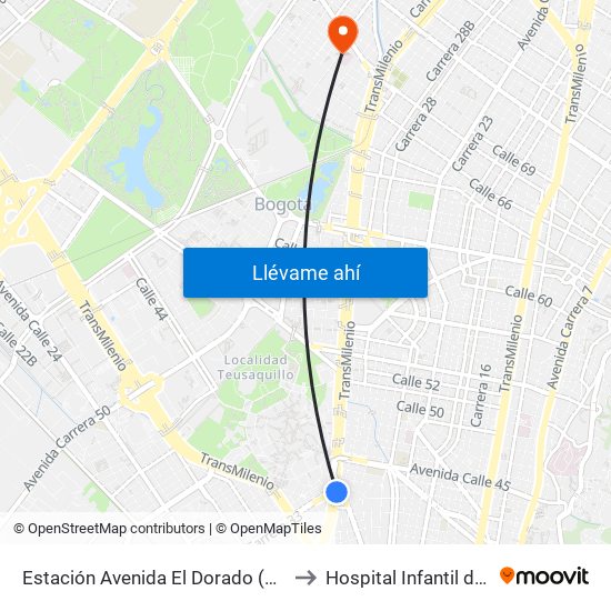 Estación Avenida El Dorado (Av. NQS - Cl 40a) to Hospital Infantil de San José map