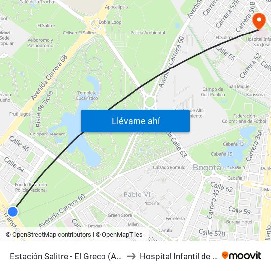 Estación Salitre - El Greco (Ac 26 - Ak 68) to Hospital Infantil de San José map
