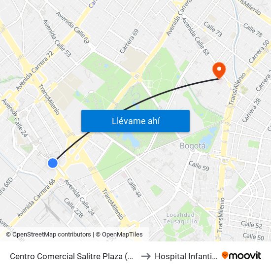 Centro Comercial Salitre Plaza (Av. La Esperanza - Kr 68a) to Hospital Infantil de San José map