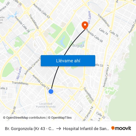 Br. Gorgonzola (Kr 43 - Cl 12b) to Hospital Infantil de San José map