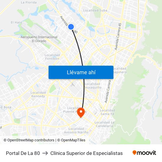 Portal De La 80 to Clínica Superior de Especialistas map