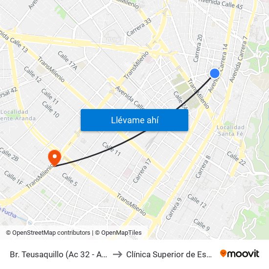 Br. Teusaquillo (Ac 32 - Av. Caracas) to Clínica Superior de Especialistas map