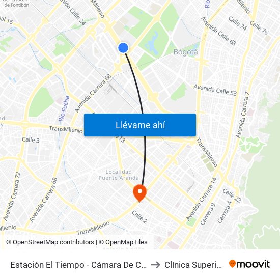 Estación El Tiempo - Cámara De Comercio De Bogotá (Ac 26 - Kr 68b Bis) to Clínica Superior de Especialistas map