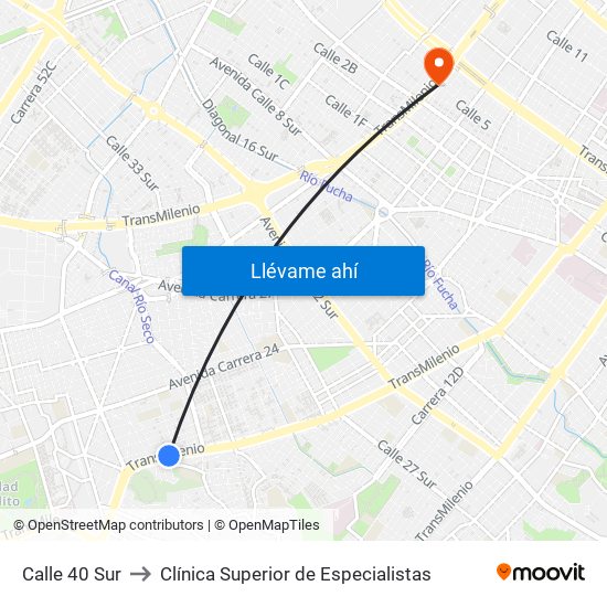 Calle 40 Sur to Clínica Superior de Especialistas map