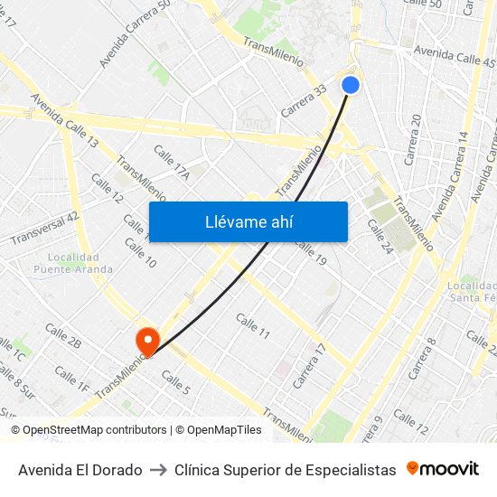 Avenida El Dorado to Clínica Superior de Especialistas map