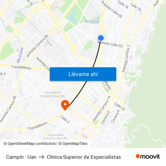 Campín - Uan to Clínica Superior de Especialistas map